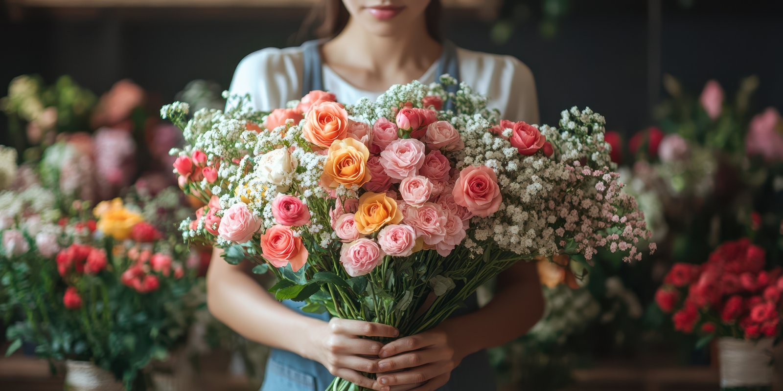 Woman holding a bouquet of colorful flowers in a flower shop during daylight hours surrounded by various floral arrangements